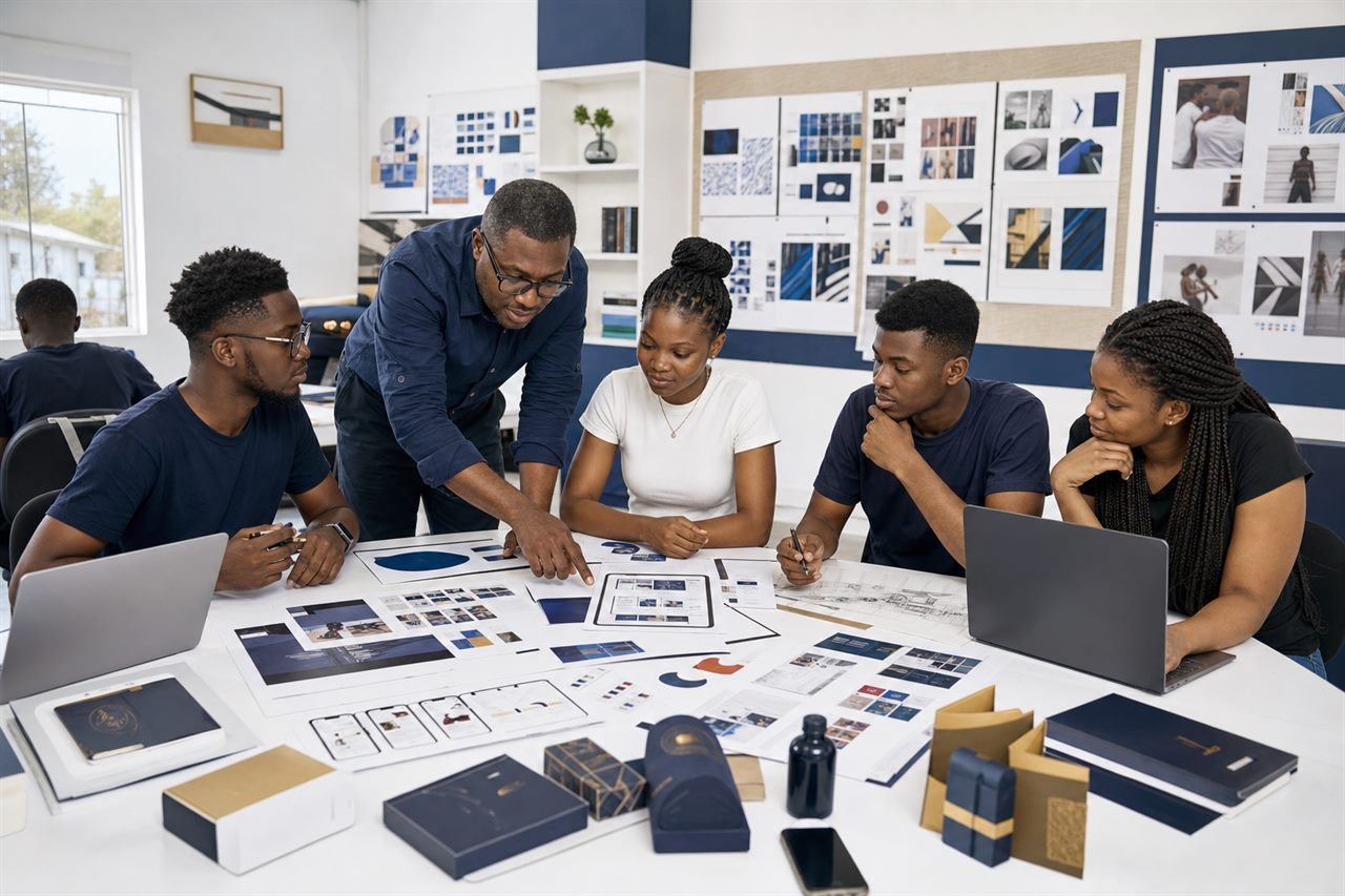 B.Tech graphic design students working in studio.