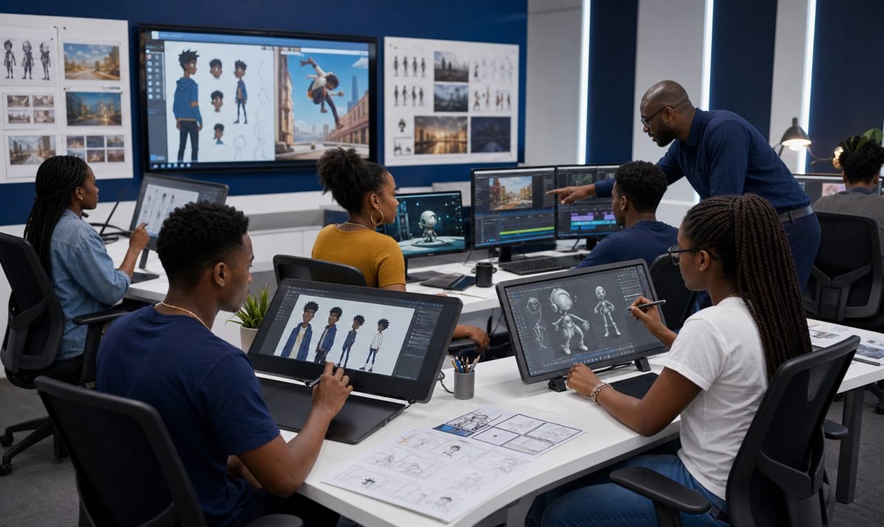 Digital design and animation students working on computers.
