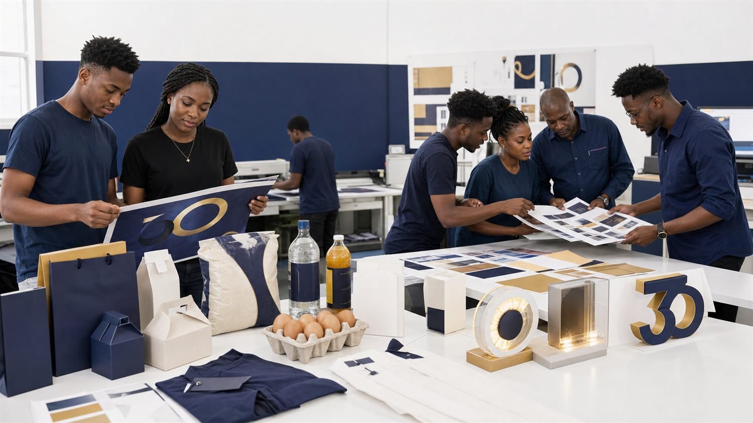 Packaging and print materials on display.