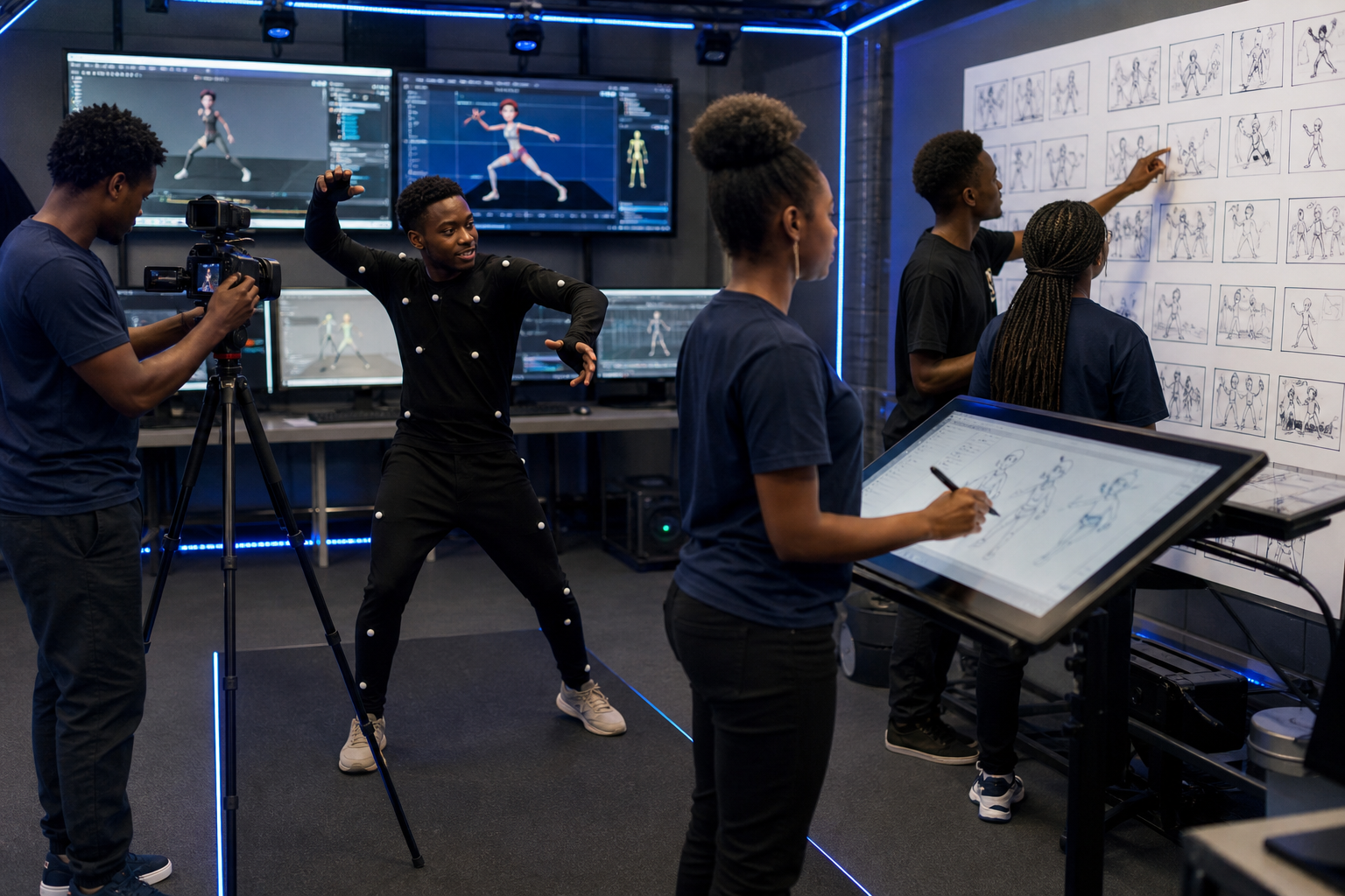 Digital design and animation students working on motion graphics and storyboards.