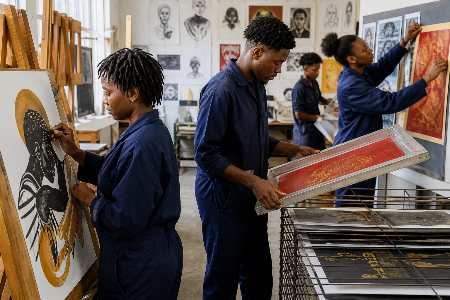 HND commercial art students preparing print and illustration work.