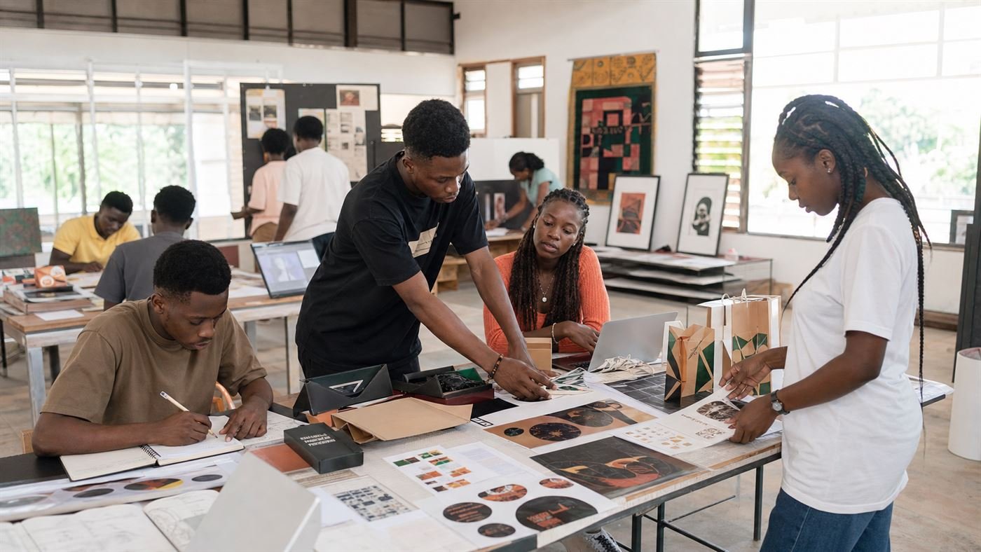 Graphic design students learning in a studio.
